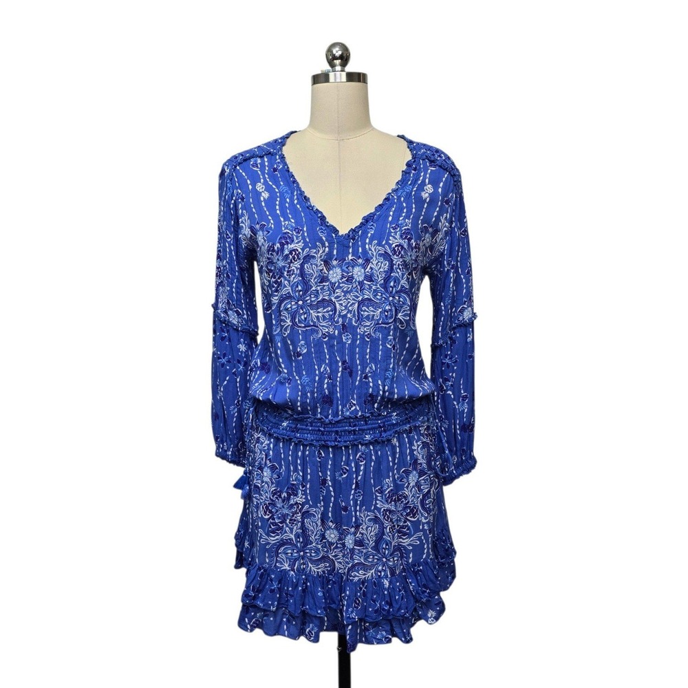 Poupette St Barth Blue Floral Smocked Ruffle Mini Dress Size XS Long Sleeve Boho